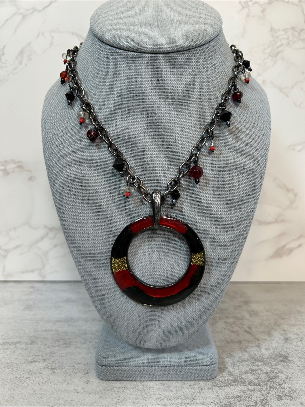 Round Black and Red Pendant Necklace with Gold Accents - Women Jewelry